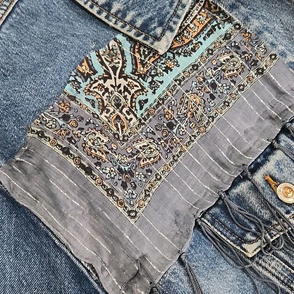Vintage Upcycled Fringe Boho Western Denim Jacket - Picture 4 of 8